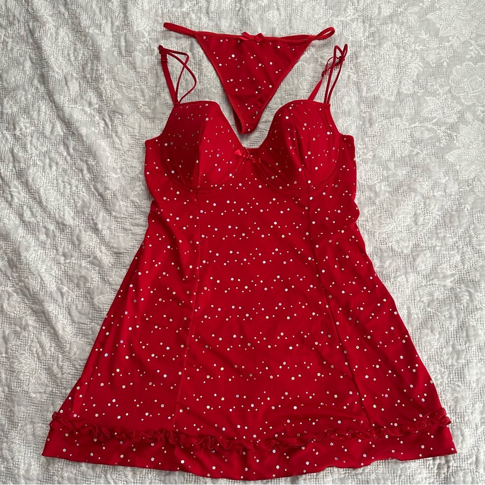 Flirty Red Sequin Lingerie Dress with Ruffle Hem